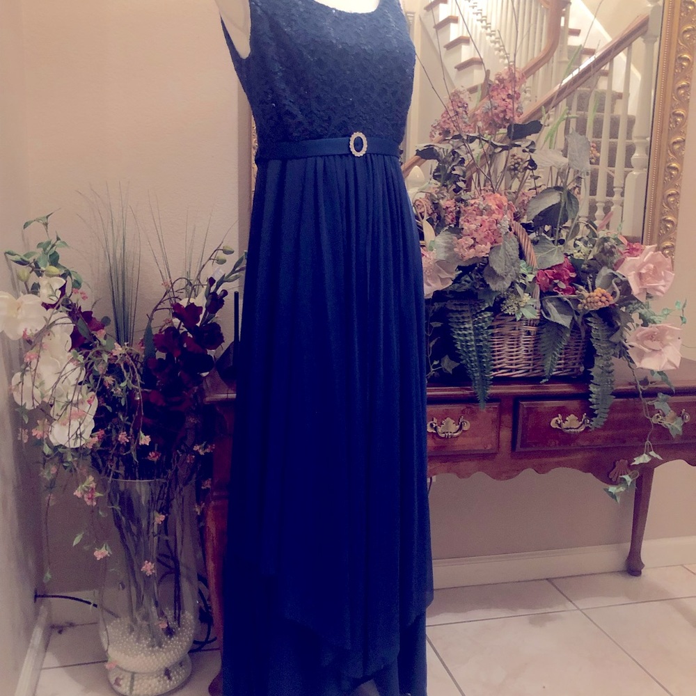 R&M Collection, Dark Turquoise Blue Ankle Length Handkerchief Hemmed Dress